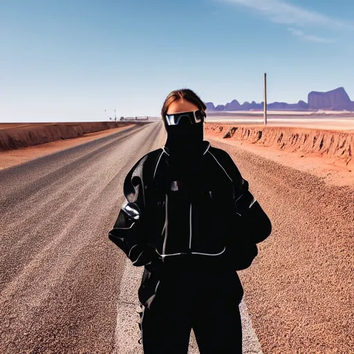 Image similar to photograph of a techwear woman, closeup, on a desert road with a futuristic city in the horizon, one point perspective, long exposure, sigma 85mm f/1.4, 4k, depth of field, high resolution, 4k, 8k, hd, full color