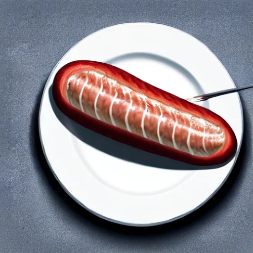 Image similar to photorealistic, half fish half sausage on a plate. sausage with the fins of a fish