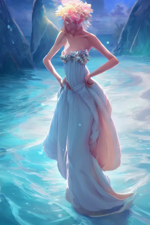 Prompt: a beautiful fashion goddness of love, chic strapless dress, tropical sea background, character design, in the style of artgerm, and wlop, cinematic lighting, hyperdetailed, 8 k realistic, symmetrical, global illumination, radiant light, frostbite 3 engine, cryengine, dof, trending on artstation, digital art