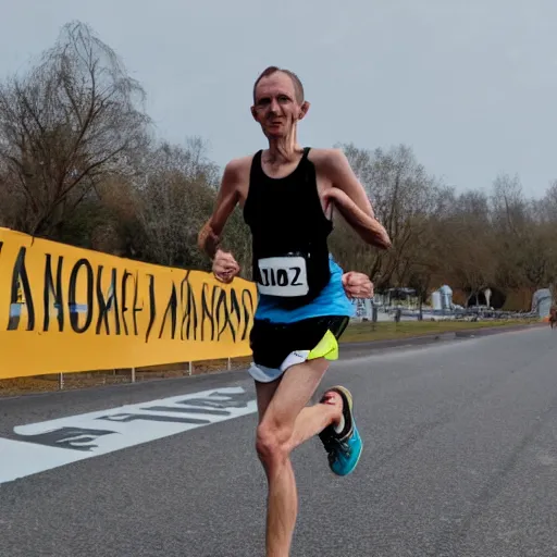 Image similar to an anorexic man running a marathon