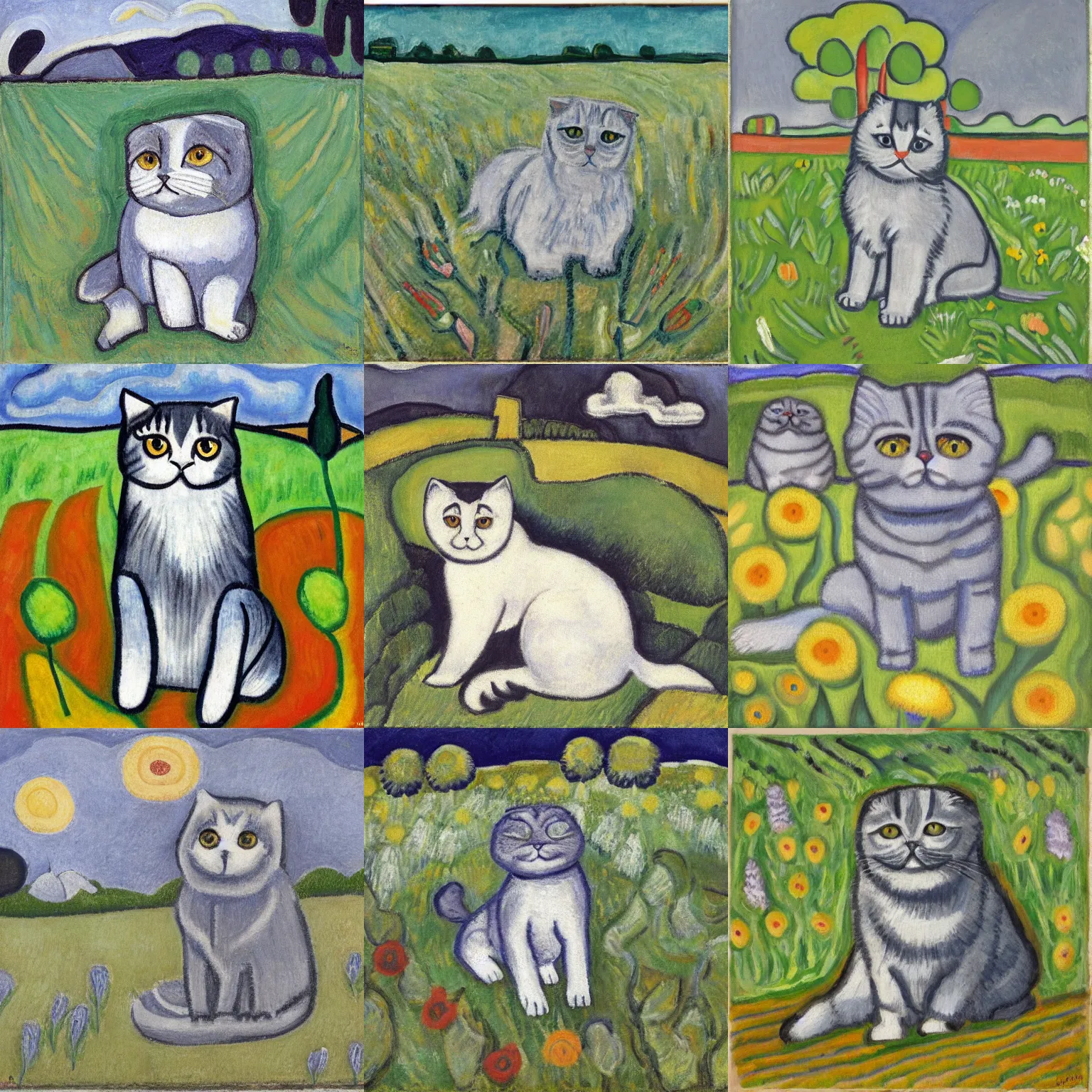 Prompt: a gray scottish fold sitting in the middle of sunny meadow, by marsden hartley