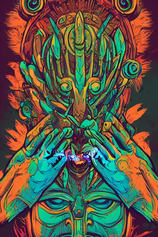 Image similar to animal mask totem roots tribal feather gemstone plant wood rock shaman vodoo video game vector illustration vivid multicolor borderlands comics by josan gonzales and dan mumford radiating a glowing aura