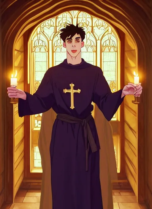 Image similar to kai havertz as a priest wearing robes. holding golden candlestick, in a monestry natural lighting, path traced, highly detailed, high quality, digital painting, by don bluth and ross tran and studio ghibli and alphonse mucha, artgerm