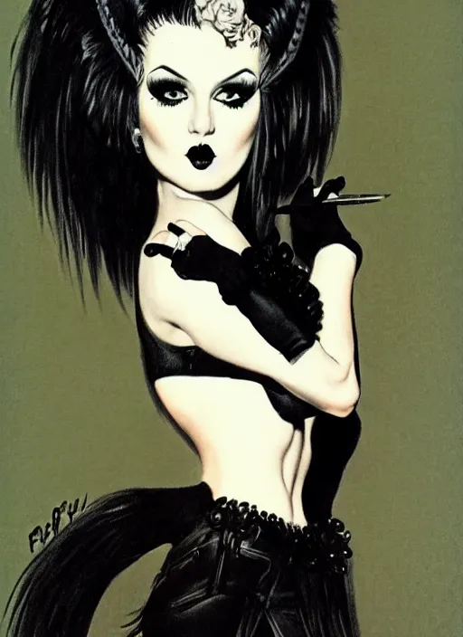 Image similar to of a goth girl burlesque psychobilly punk, detailed face, white background, drawing, long shot angle, illustration by frank frazetta