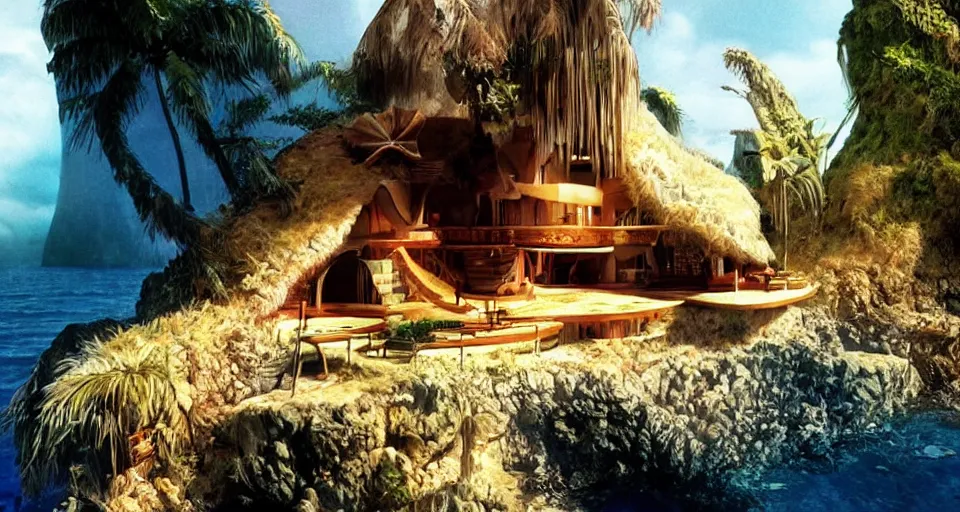 Image similar to environment art, seashell house where a hermit girl lives, atmospheric cinematography by syd mead and emmanuel lubezki