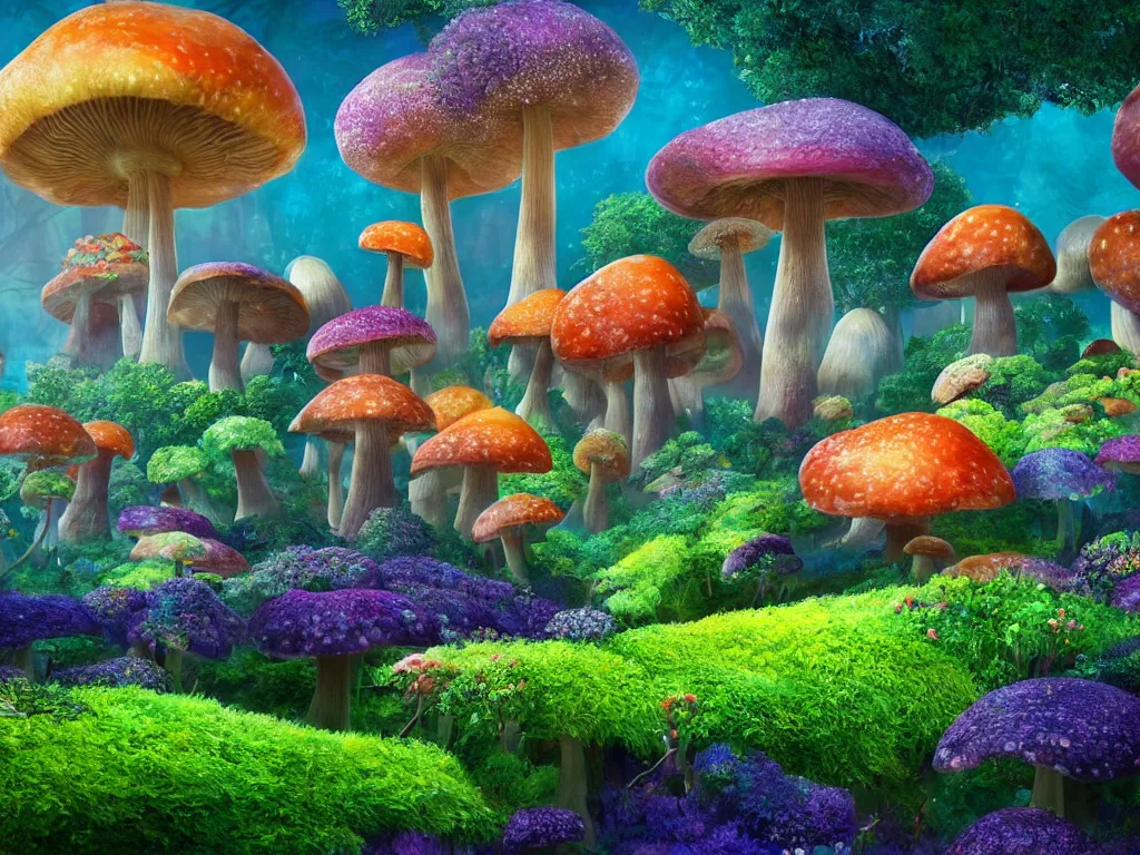 Image similar to a beautiful otherworldly fantasy landscape of giant mushrooms like trees forming canopies over bright colorful mythical sprouted floral plants and colorful foliage on the ground, like alice in wonderland, extreme detail, studio ghibli and pixar and abzu, rendering, cryengine, deep colors, purple and blue and green colors, vray render, cgsociety, bioluminescent