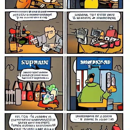 Prompt: Full page comics strip of a man who go to supermarket
