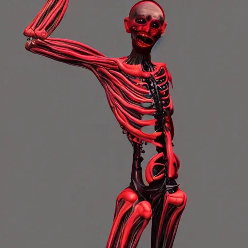 Image similar to octane render of a body horror humanoid, sharp dark shadows, black and red color palette by trevor henderson and junji ito