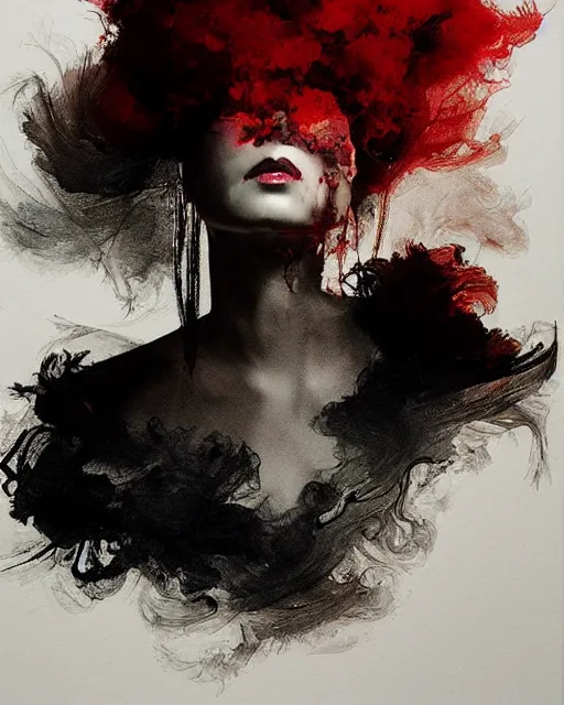 Prompt: Black red gilded ink smoke portrait, by wlop and argerm