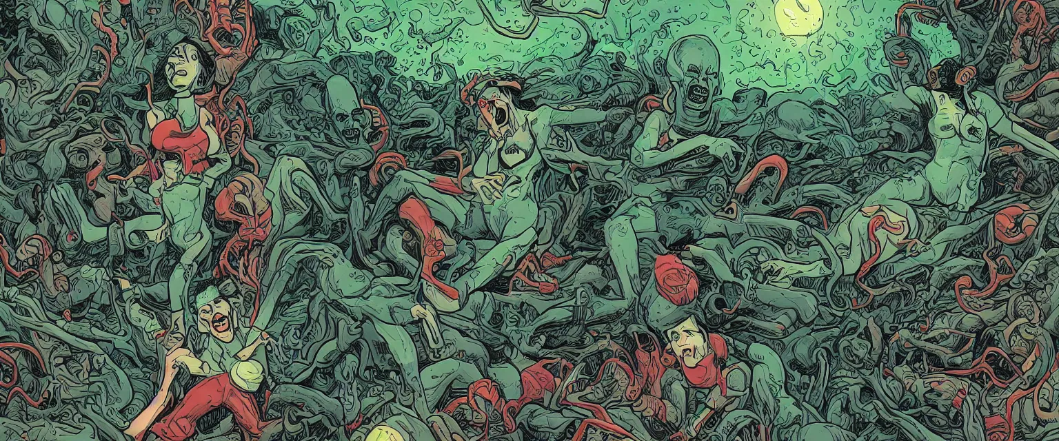 Image similar to woman screaming nightmare alien invasion attacking earth the end of the world, story illustration art green colors by james jean