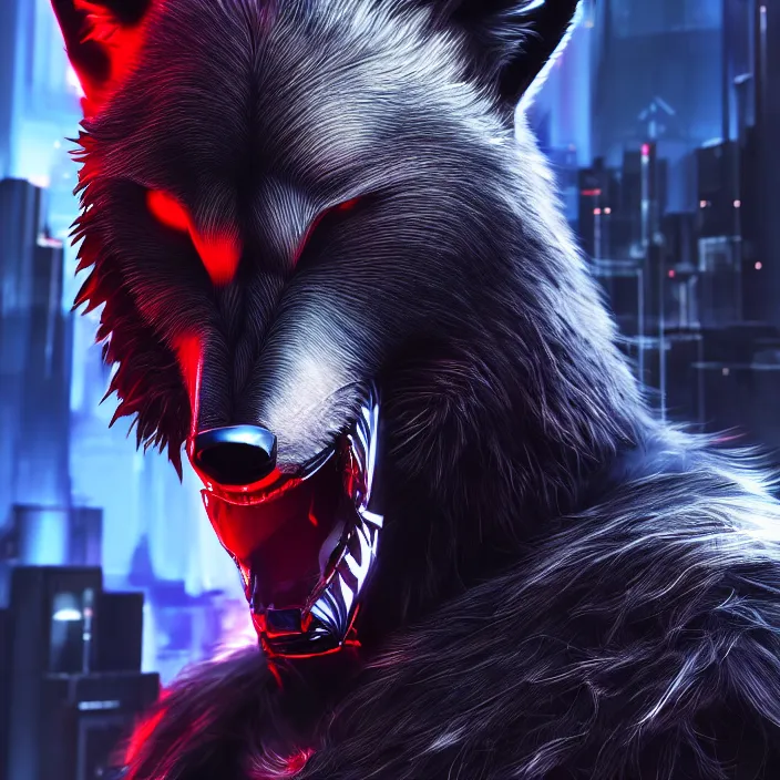 Image similar to portrait of male anthropomorphic black humanoid wolf, red hair, blue eyes, in a futuristic city, hyper detailed, digital art, trending on artstation, cinematic lighting, studio quality, smooth render, unreal engine 5 rendered, octane rendered, 1 : 1 aspect ratio