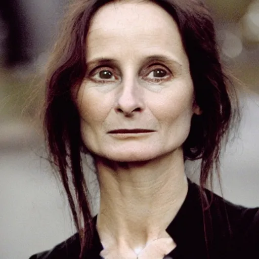 Prompt: Katrin Cartlidge as a goth college girl witch