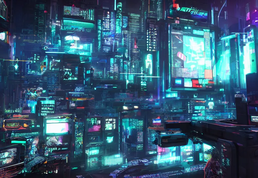 Image similar to cyberpunk computer running a videogame, highly detailed