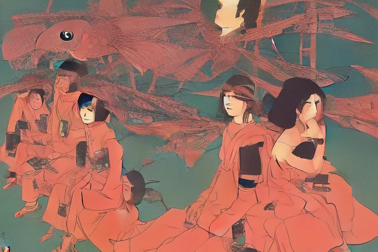 Image similar to gigantic dragonflies with human faces catch tiny robots, a lot of exotic mechas robots around, human heads everywhere, risograph by kawase hasui, dirtyrobot, edward hopper, satoshi kon and moebius, colorful flat surreal design, super - detailed, a lot of tiny details, fullshot