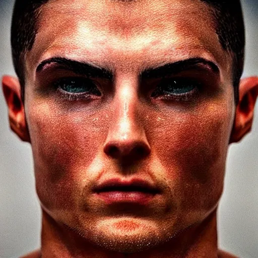 Image similar to “a realistic detailed photo of a guy who is an attractive humanoid who is half robot and half humanoid, who is a male android, Cristiano Ronaldo, shiny skin, posing like a statue, blank stare”