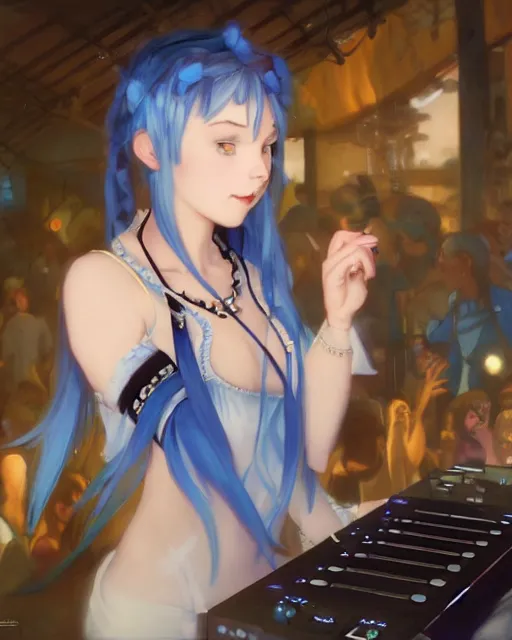 Image similar to pretty girl djing at a rave, blue hair, rem rezero wearing a white blouse, sharp focus, digital painting, 8 k, concept art, art by wlop, artgerm, greg rutkowski and alphonse mucha