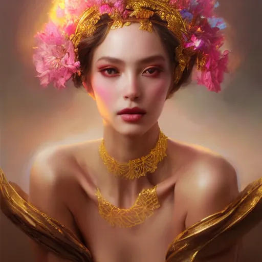 Prompt: expressive oil painting, of alluring european princess, seductive look, smooth glowing skin, glistening body, eye shadow, ornate headpiece made from flowers, glamour shot, by yoshitaka amano, by greg rutkowski, by jeremyg lipkinng, by artgerm, digital art, octane render