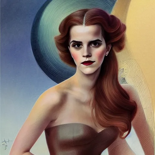 Image similar to a streamline moderne portrait of emma watson in the style of anna dittmann and donato giancola and charles dulac