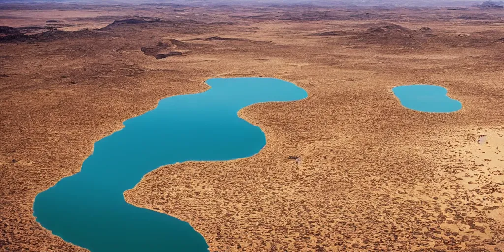 Prompt: National Geographic photograph of a large desert with lakes. Realistic.