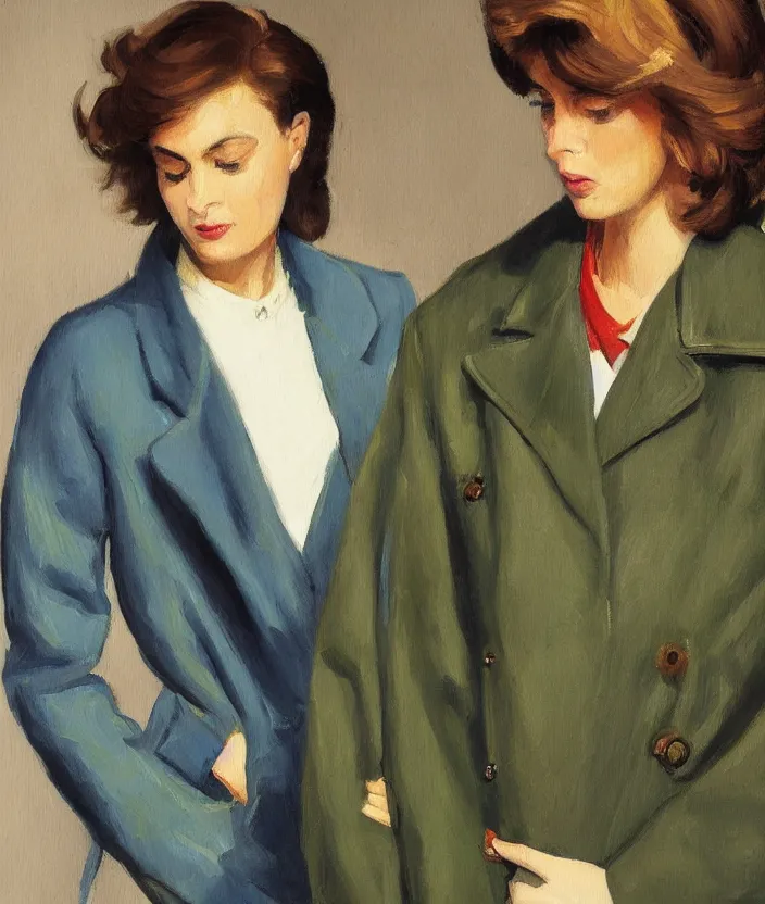 Image similar to a very detailed painting of an 8 0 s jacket with big shoulder pads, very aesthetic leather jacket, detailed closeup of leather jacket, front view, very fashionable, in the style of edward hopper and oswald hornby joseph birley and susan ryder, very small brushstrokes, 4 k,