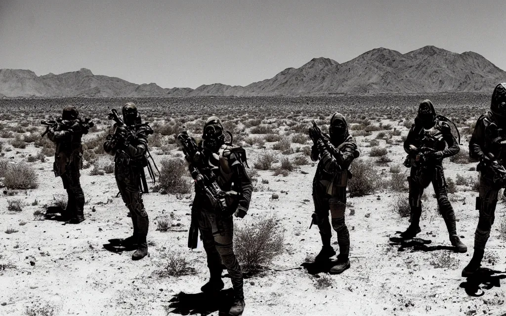 Prompt: a team of five people in dark green tactical gear like death stranding and masks, look at a desert oasis in the distance. They 're afraid. dusty, mid day, heat shimmering, 35mm film