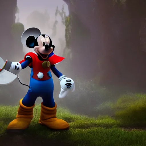 Prompt: Mickey Mouse as Thor, digital art parody, unreal engine, high quality