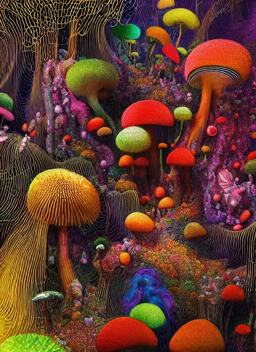 Image similar to hyper detailed 3d render like a Oil painting - the secret forest covered by a network of colorful yellowcake and aerochrome and milky Fruit , exotic flowers and a gossamer polyp blossoms bring iridescent fungal flowers whose spores black the foolish stars by Jacek Yerka, Mariusz Lewandowski, Houdini algorithmic generative render, Abstract brush strokes, Masterpiece, Edward Hopper and James Gilleard, Zdzislaw Beksinski, Mark Ryden, Wolfgang Lettl, Dan Hiller, hints of Yayoi Kasuma, octane render, 8k