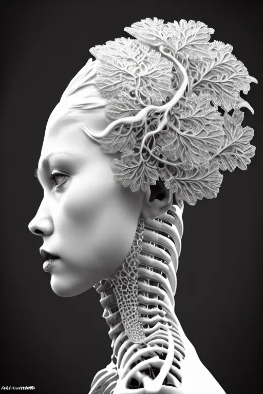 Prompt: bw 3 d render, stunning beautiful young biomechanical albino female cyborg with a porcelain profile face, angelic, rim light, big leaves and stems, roots, fine foliage lace, alexander mcqueen, art nouveau fashion embroidered, steampunk, silver filigree details, hexagonal mesh wire, mandelbrot fractal, elegant, artstation trending