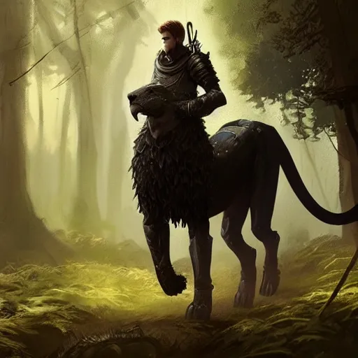 Prompt: a knight dressed in black armor walking his pet lion in a forest,dramatic,detailed face,digital art,art by greg rutkowski,Akihiko Yoshida,artstation,deviantart,photorealistic,highly detailed,calm,natural lighting,hyperdetailed