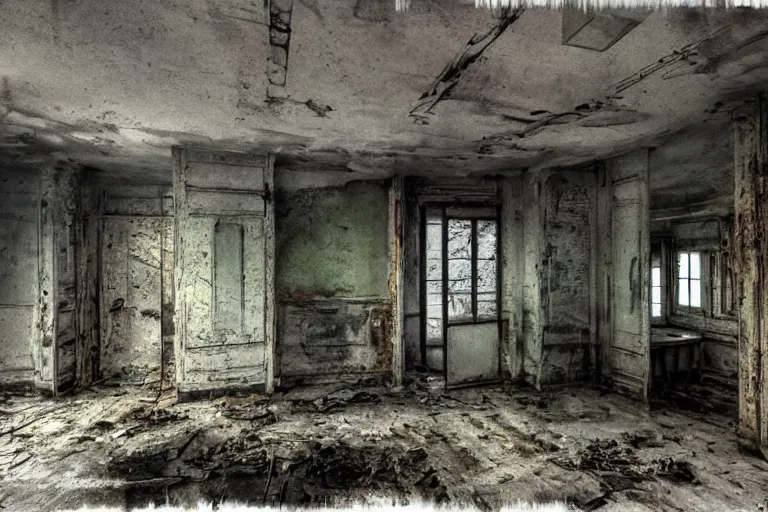 Image similar to matte paint andrey Tarkovsky stalker movie abandoned building interiors,