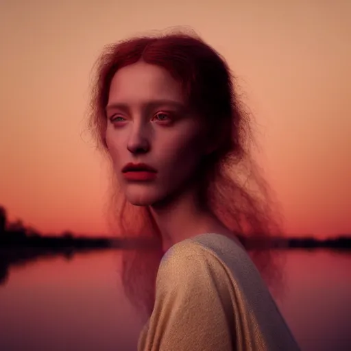 Image similar to photographic portrait of a stunningly beautiful renaissance female in soft dreamy light at sunset, beside the river, soft focus, contemporary fashion shoot, in a denis villeneuve and tim burton movie, by edward robert hughes, annie leibovitz and steve mccurry, david lazar, jimmy nelsson, extremely detailed, breathtaking, hyperrealistic, perfect face, octane render