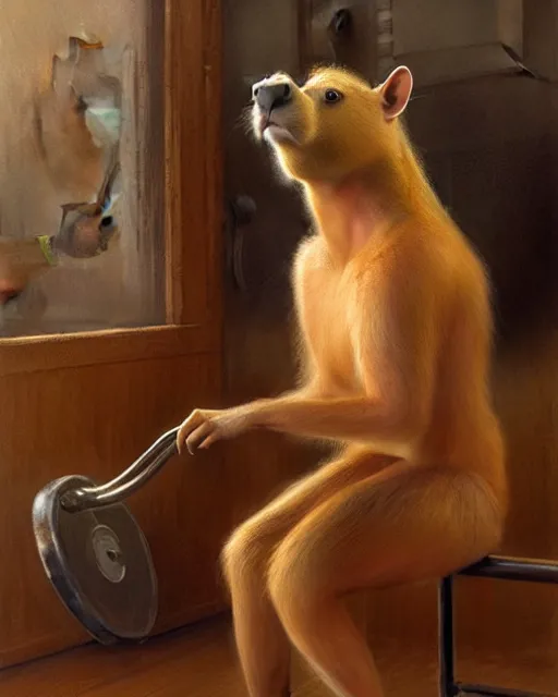 Image similar to beautiful portrait of a muscular female anthro capybara wearing a tanktop exercising in the gym. gymcore, female fursona, furry, furaffinity, 4 k devinatart. very expressive, by gaston bussiere, craig mullins