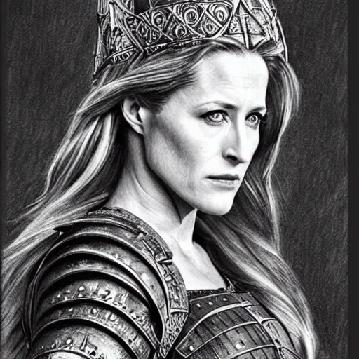 Image similar to hyper realistic pencil drawing of Gillian Anderson as a viking princess, intricate detail, beautiful, battle armor, war, fight, light, dragon, bright color palette