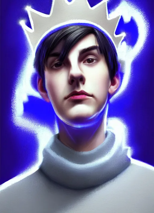 Image similar to portrait of teenage jughead jones wearing a light grey crown, crown, blue turtleneck, 1 9 5 0 s, closed eyes, photorealistic, black hair, glowing lighting, intricate, elegant, glowing lights, highly detailed, digital painting, artstation, concept art, smooth, sharp focus, illustration, art by wlop, mars ravelo and greg rutkowski