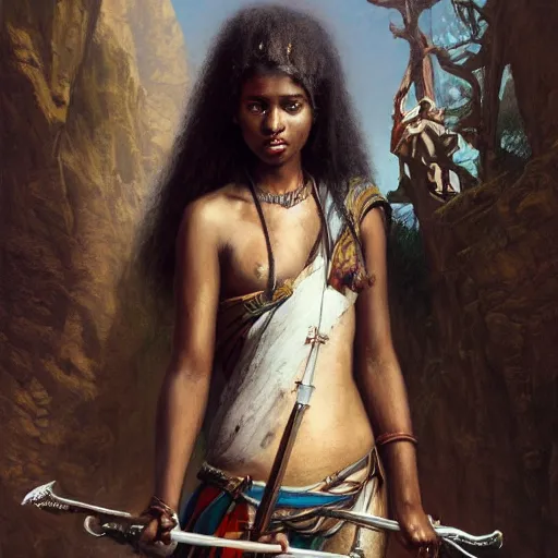 Image similar to artstation concept of a beautiful girl holding a sword in both hands, brown skin, sweaty skin, symmetrical face, casual white garment, brown canyon background, shiny colorful, hyperdetailed, artstation trending, world renowned artists, worth1000.com, historic artworks society, antique renewel, cgsociety, by greg rutkowski, by Gustave Dore, Deviantart