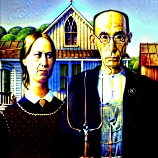 Image similar to american gothic replaced with horses, by grant wood