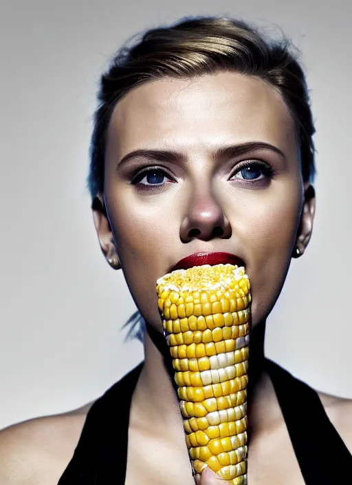 Prompt: scarlett johansson looking at the camera while the end of a corn on the cobb is in her mouth. sadly the corn on the cobb was too buttered so it's all over her face, real photo, photoshooting, studio light, black background, intricate, epic lighting, cinematic composition, hyper realistic, 8k resolution, unreal engine 5