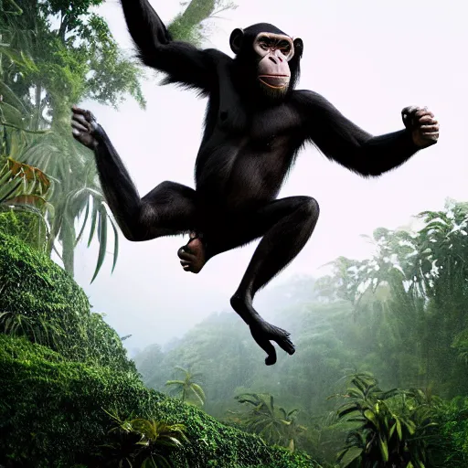 Image similar to Angry Chimpanzee Jumping, Epic Jump, Cinematic Photo, Cinematic Shot, Jungle, Foliage Boris Vallejo, Epic, 8k resolution, ArtStation, Hyperrealistic