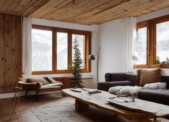 Image similar to a modern swiss living room interior, chalet style, sofa, cupboards, table, rustic wood, beige, white, retro futurism, minimalist, swedish design, ocher, bohemian, giant windows