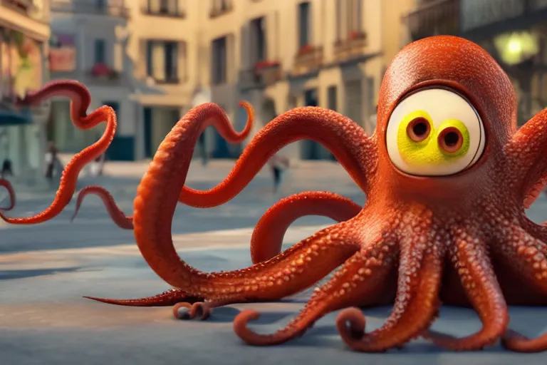 Image similar to Angry little octopus threaten with a fist when crawling out from a cup of coffee in beautiful morning café in Paris. Pixar Disney 4K 3d render funny animation movie Oscar winning trending on ArtStation and Behance. Ratatouille style