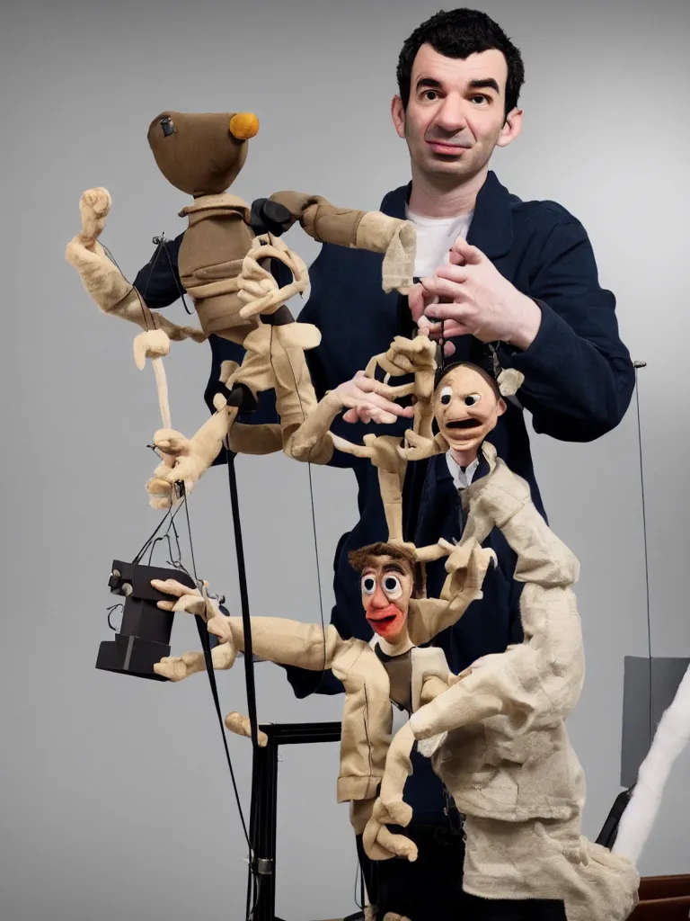 Prompt: photograph of nathan fielder behind a puppet stage controlling a marionette by the strings, high detail, 8 k, photorealism, sharp focus, volumetric lighting