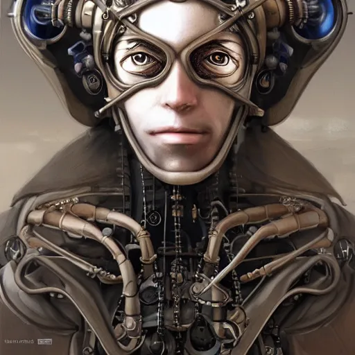 Image similar to portrait painting of a steampunk cyborg priest, transhumanism, ultra realistic, concept art, studio ghibli, intricate details, eerie highly detailed