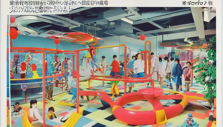 Image similar to 1980s Japanese culture magazine advertisement for a futuristic playground themed office, business people in mascot costumes, slides, mysterious toys, magical treasure, secret doors and windows, designed by Gucci, Wes Anderson, and Petra Collins, clean details