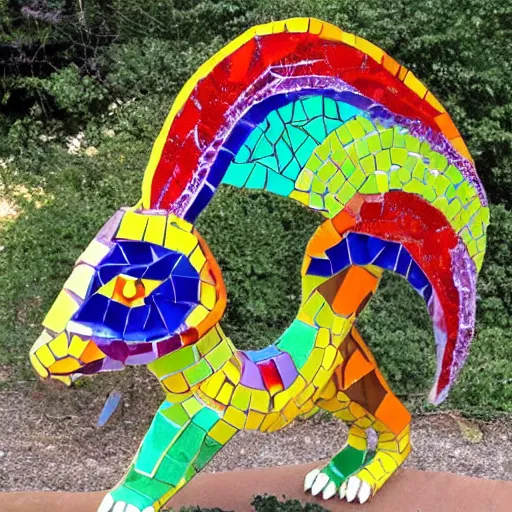 Prompt: mosaic sculpture of a alebrije chimera!!!, irregularly shaped large mosaic tiles, recycled pottery shards, in the style of folk art, in a cottagecore flower garden