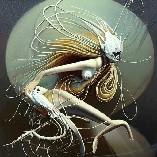 Prompt: beautiful painting of a white aquatic arthropod oniric landscape with silver linings and melting jewelry in the style of Francis Bacon, Karol Bak, Daturahex and Jesse Kanda. Dark background, detailed, trending on Artstation