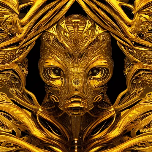 Image similar to a beautiful symmetrical being made of golden ornaments by android jones, 3D, 8k resolution