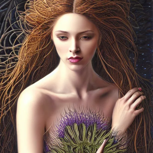 Image similar to facial portrait of a young pretty woman in flowing dress, arrogant, mysterious, long fine flowing hair, delicate, looking at camera, slightly awkward smile, realistic face, hands behind back, intricate, stylish, elegant, grimdark fantasy, flowers, extremely detailed painting inspired by Gerald Brom and Ernst Haeckel and Greg Rutkowski