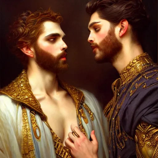 Image similar to attractive fully clothed king confesses his love for his attractive fully clothed male prince. highly detailed painting by gaston bussiere, tom bagshaw, j. c. leyendecker