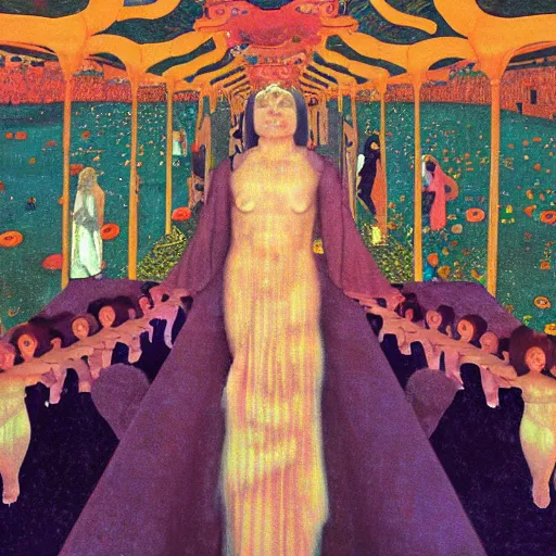 Prompt: a procession of women in a giant metaphysical temple, hyperrealistic film still by gottfried helnwein, by klimt, by paolo uccello, art nouveau, highly detailed, lights by edward hopper, liminal, eerie, metaphysical, bright pastel colors,