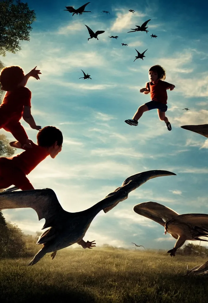 Prompt: a running child looking at a pterodactyle flying in the sky in the style of a movie poster, realistic, super detailed, cinematographic, epic lighting